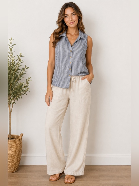 Ellen Tracy Tops - Ellen Tracy 100% Linen Sleeveless Button Front Top Medium Blue Stripe